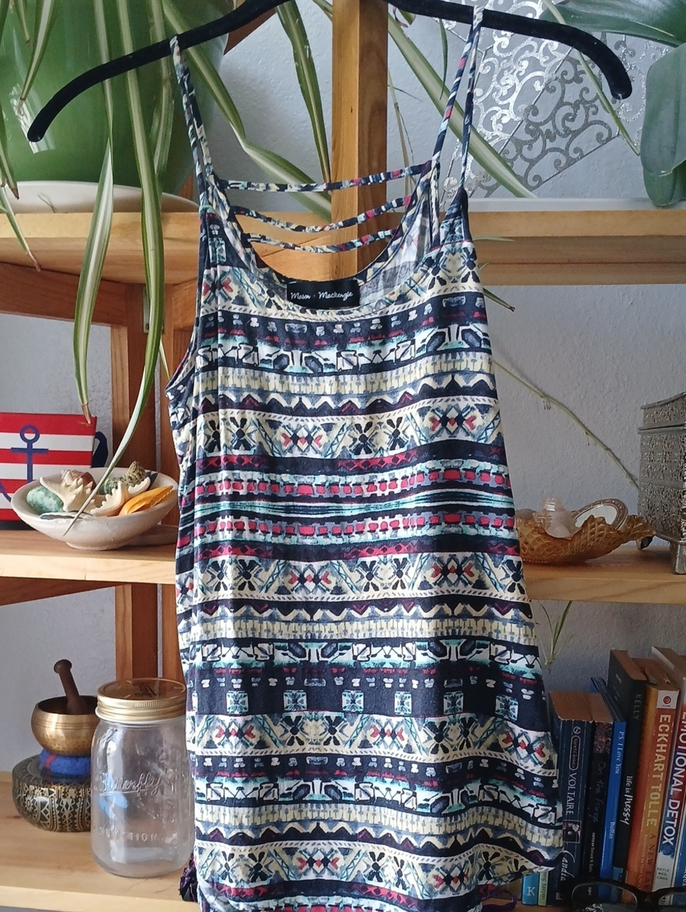 Strappy Tribal-Print Camisole Tank Top - Navy, Cream & Red